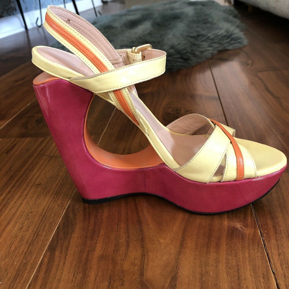 Stuart Weitzman Cut-Out Pink Yellow Color Block Wedge Platform Sandals 7.5M - Picture 2 of 11